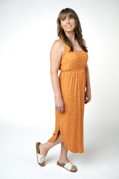 IN STOCK Reagan Ribbed Midi Dress - Pumpkin Floral