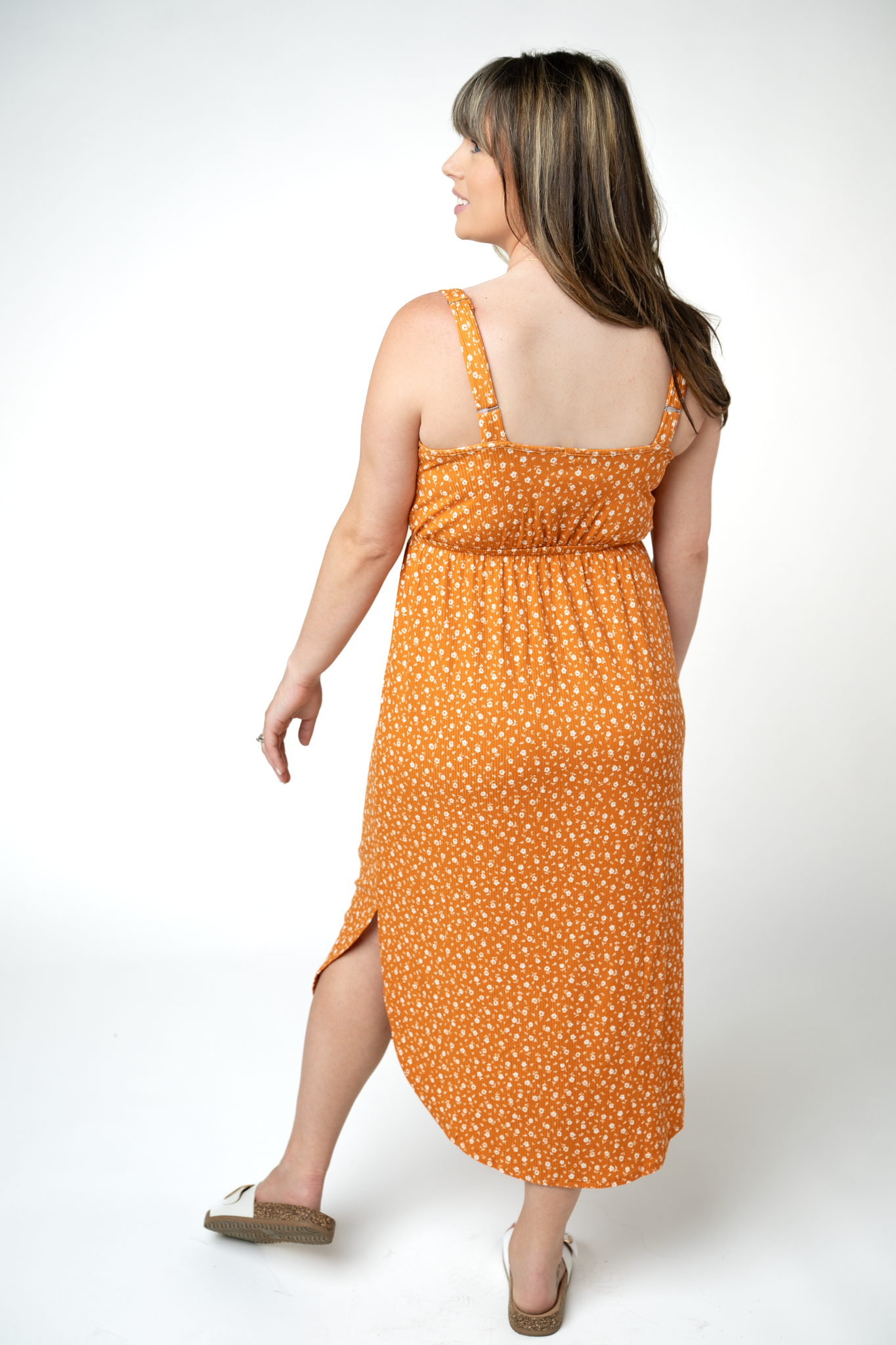 IN STOCK Reagan Ribbed Midi Dress - Pumpkin Floral