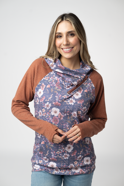 08.21 EN ROUTE Classic Zoey ZipCowl Sweatshirt - Blushwood Floral and Terra Cotta