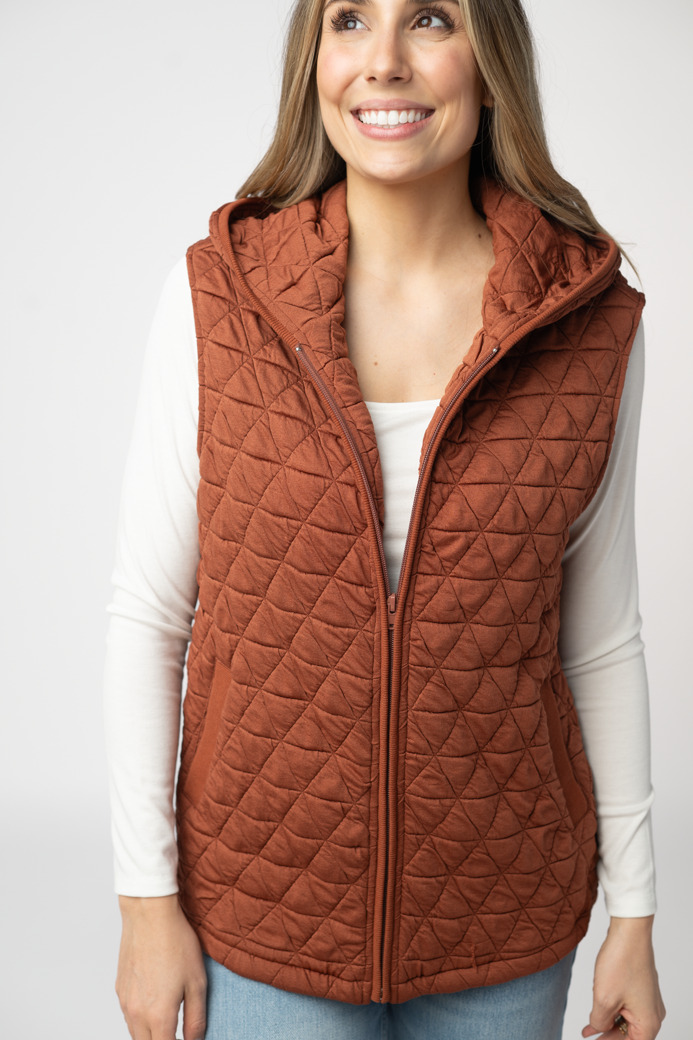 IN STOCK Heather Geometric Hooded Vest - Rust