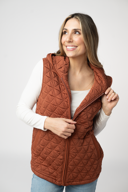 IN STOCK Heather Geometric Hooded Vest - Rust