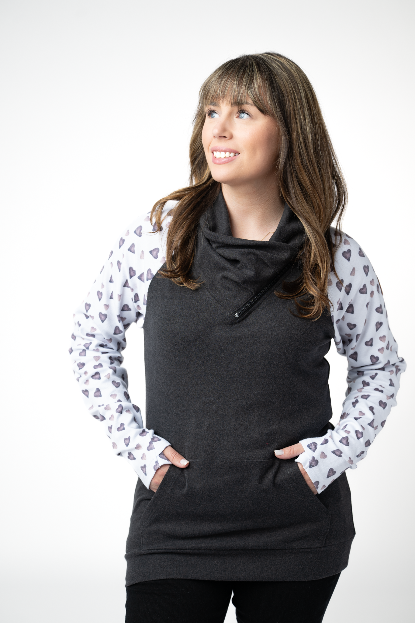 PREBOOK Classic Zoey ZipCowl Sweatshirt - Monochrome Hearts and Charcoal