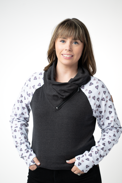 PREBOOK Classic Zoey ZipCowl Sweatshirt - Monochrome Hearts and Charcoal