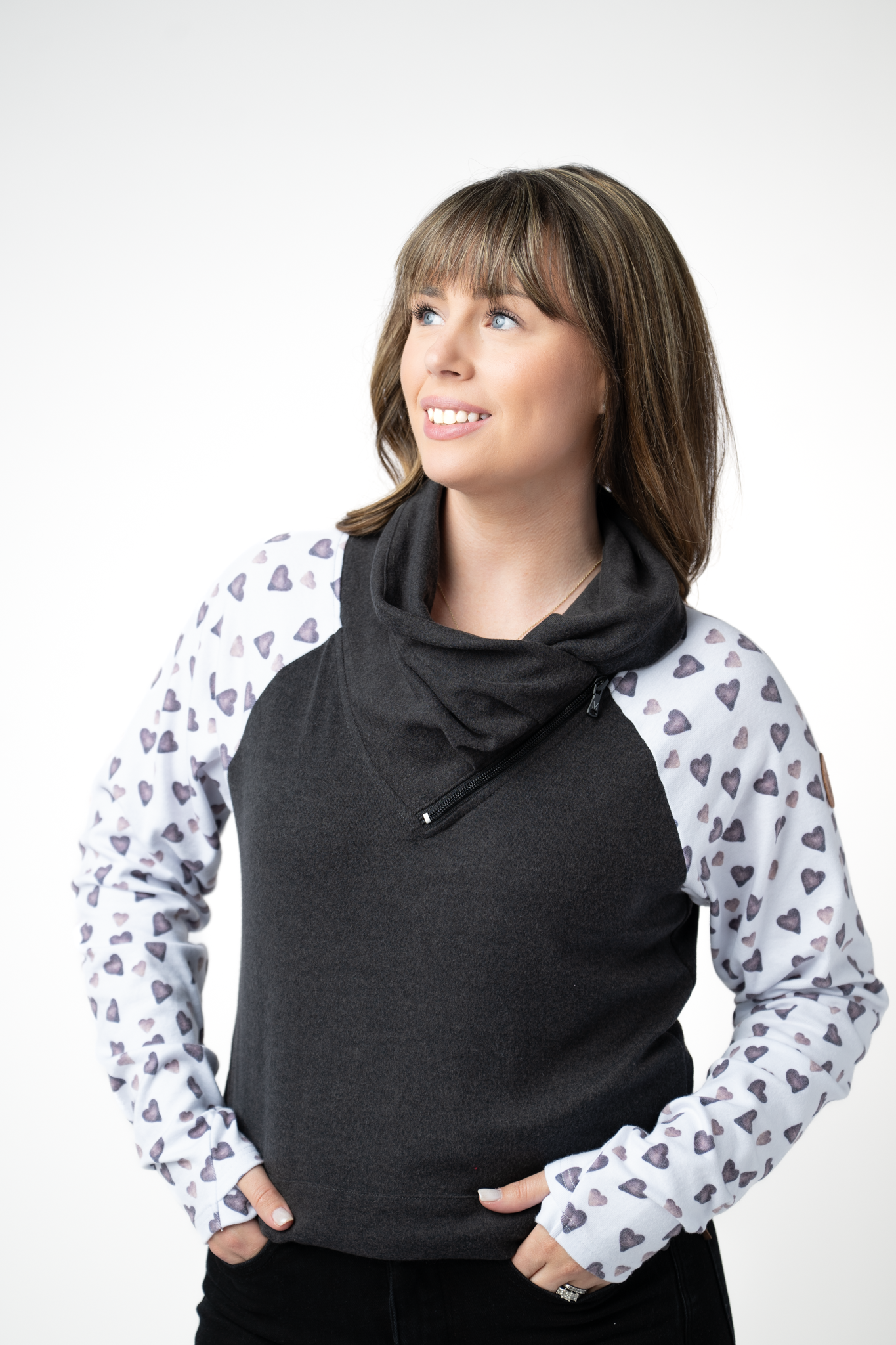 PREBOOK Classic Zoey ZipCowl Sweatshirt - Monochrome Hearts and Charcoal