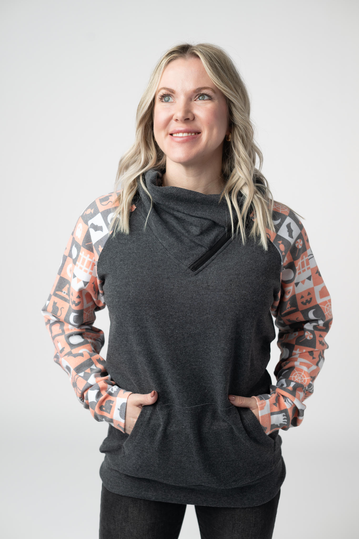 IN STOCK Zoey ZipCowl Sweatshirt -Trick-or-Treat Checkered and Charcoal