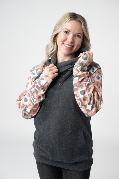 IN STOCK Zoey ZipCowl Sweatshirt -Trick-or-Treat Checkered and Charcoal