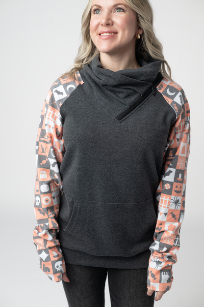 IN STOCK Zoey ZipCowl Sweatshirt -Trick-or-Treat Checkered and Charcoal