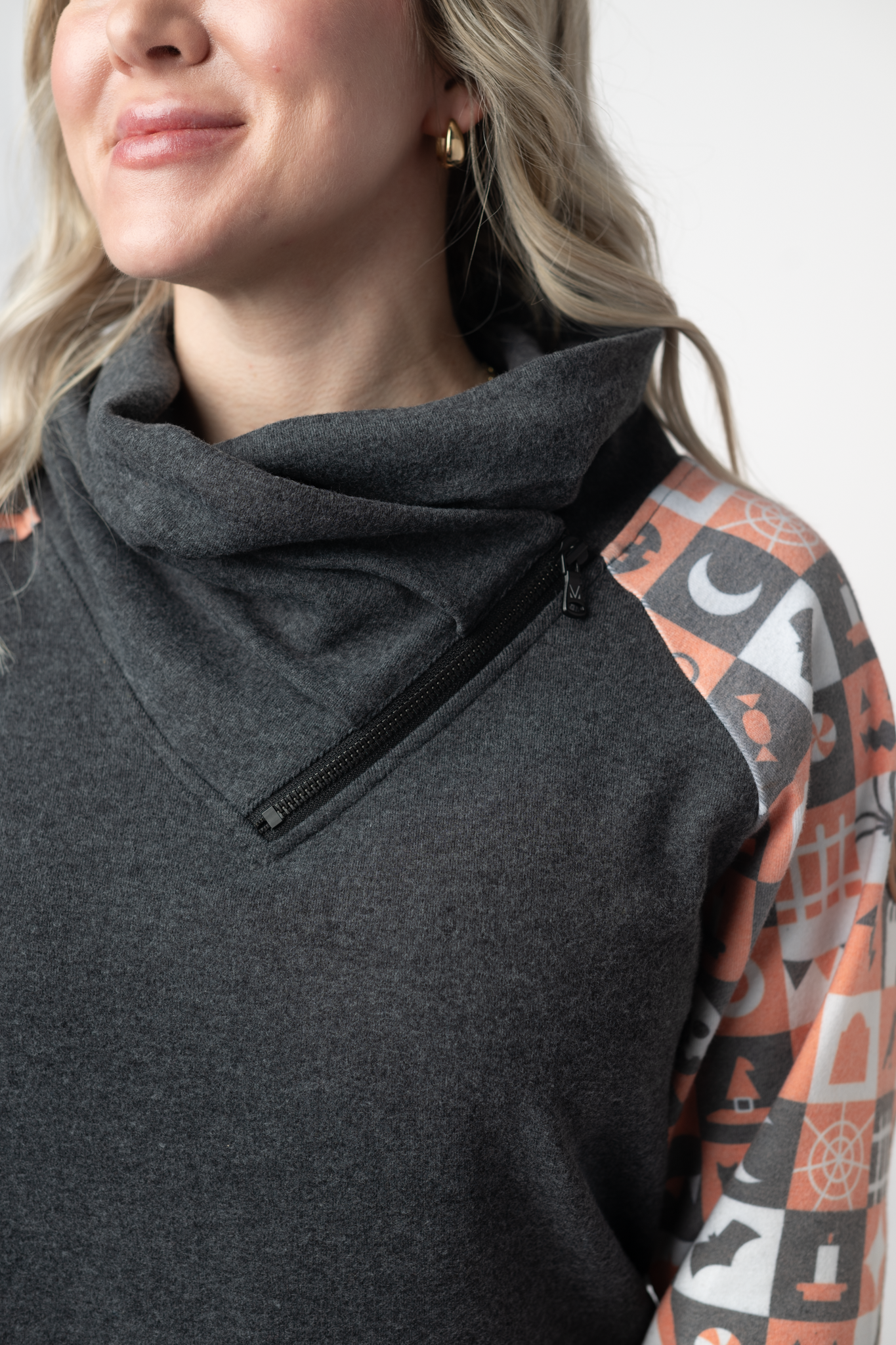 IN STOCK Zoey ZipCowl Sweatshirt -Trick-or-Treat Checkered and Charcoal