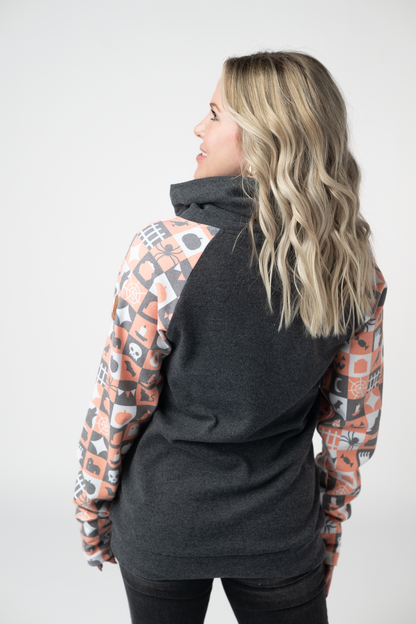 IN STOCK Zoey ZipCowl Sweatshirt -Trick-or-Treat Checkered and Charcoal
