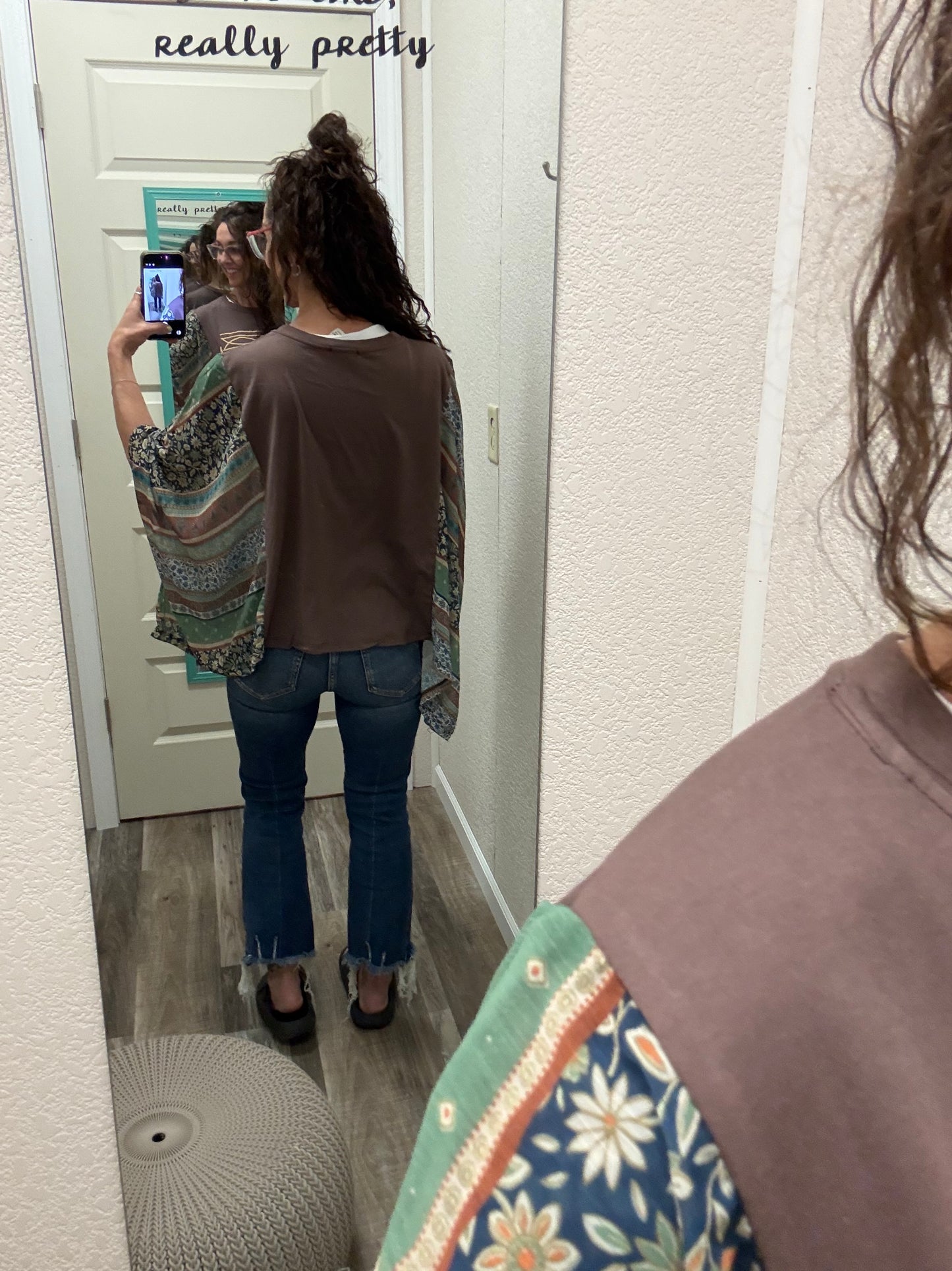 Cowboy Stitch Graphic Sheer Boho Kaftan Top: BROWN