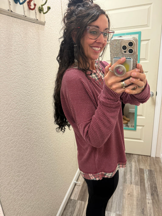 Harriet Burgundy Corded KNIT HENLEY TOP WITH PLAID CONTRAST TRIM
