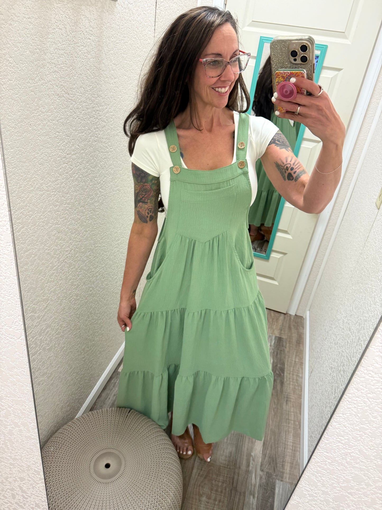 Kierra Button Sling Tiered Midi Dress: Pear Green