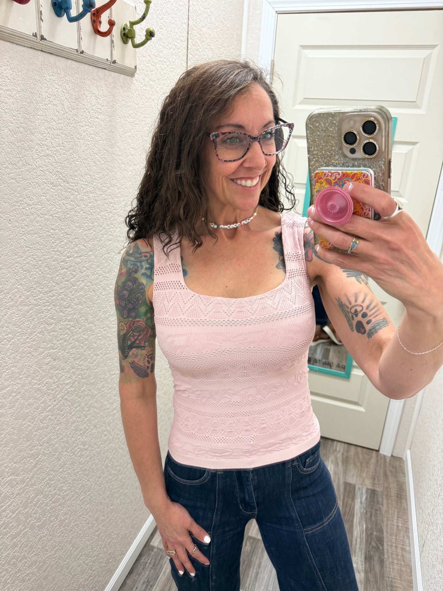Trust Me Lace Textured Square Neck Tank Top With Built In Bra
