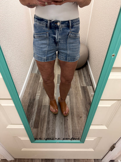 Samantha Risen Slouchy Eyelet String Detail Shorts Light Wash