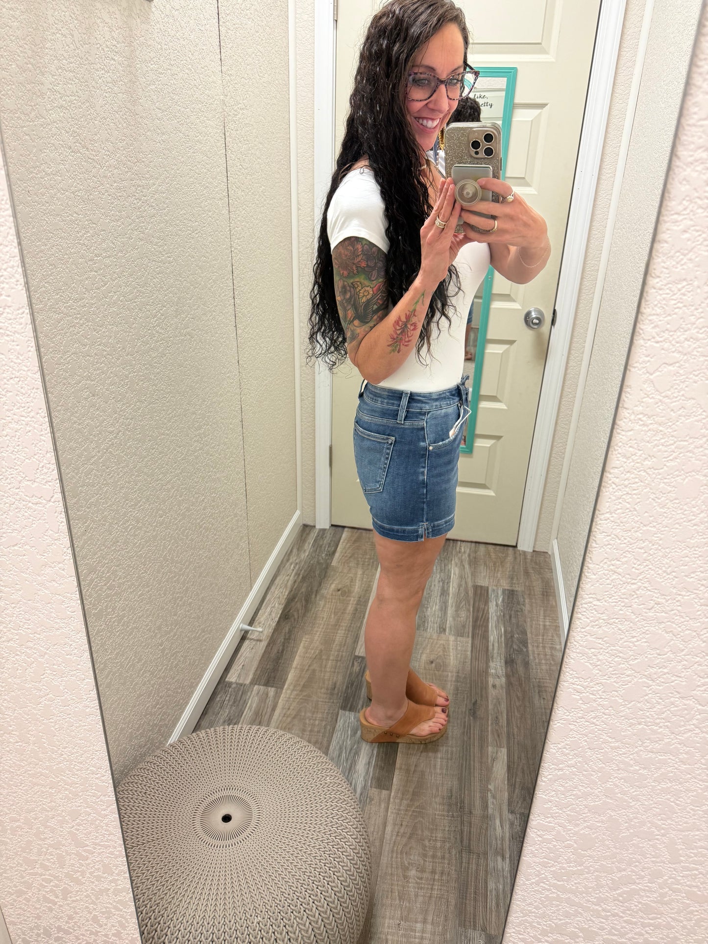 Miranda Risen dark wash Hi Rise Side Slit Shorts