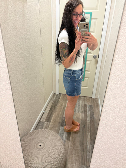 Miranda Risen dark wash Hi Rise Side Slit Shorts