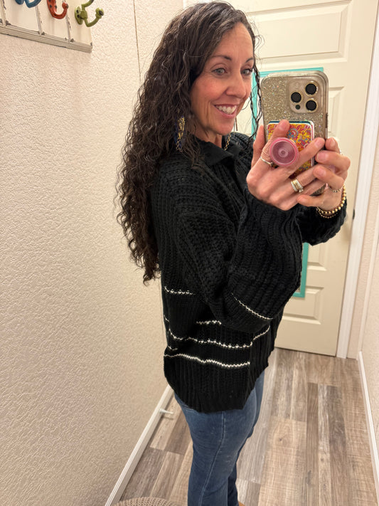 Brandi Button Up Knit Sweater with Contrast Stripes