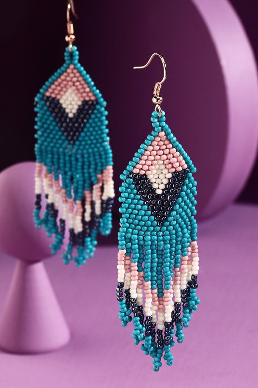 Teal - seed feed Chevron wide fringe drop earrings