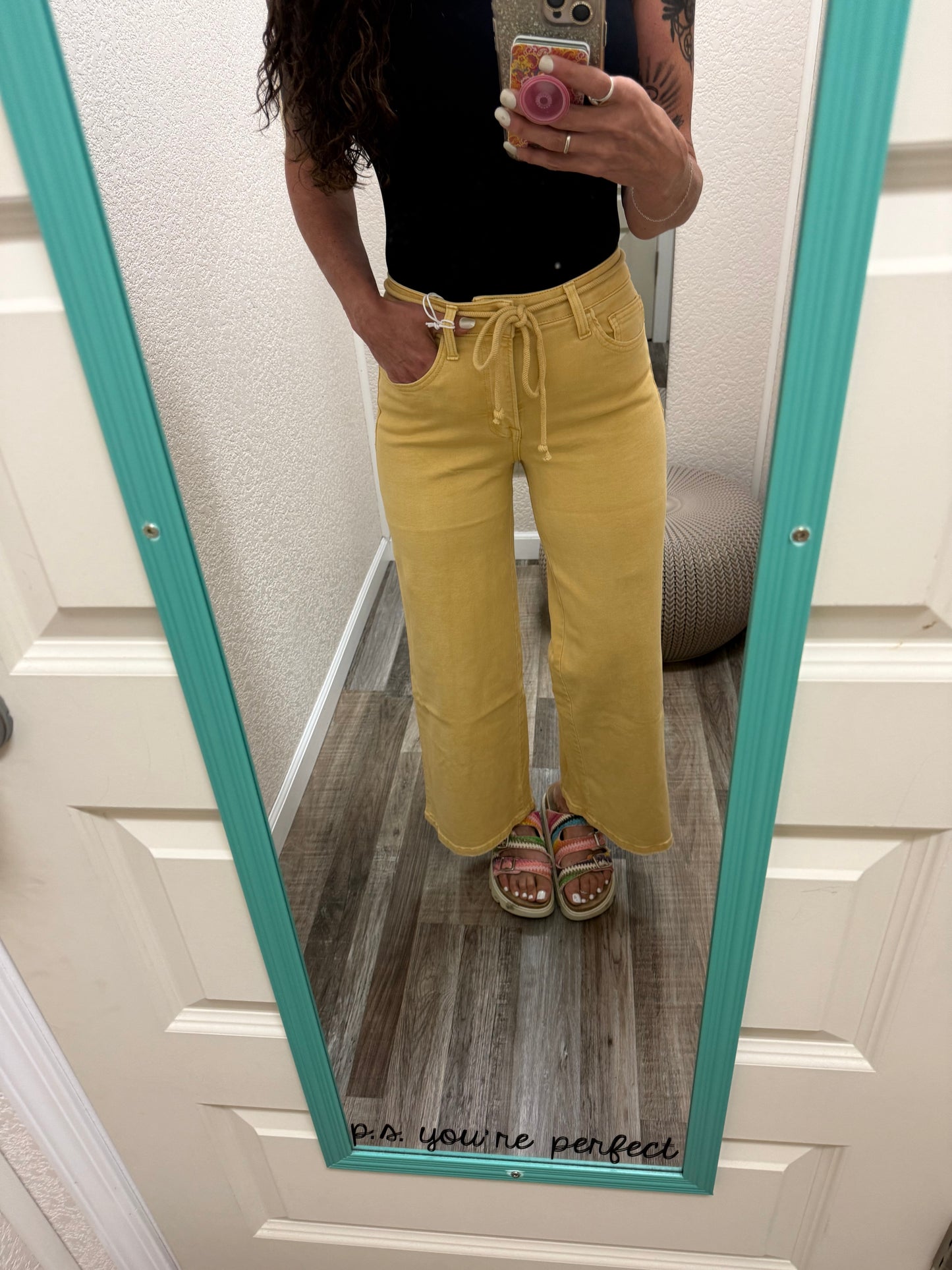 Sunshine High Rise Drawstring Color Crop Wide Leg Jeans