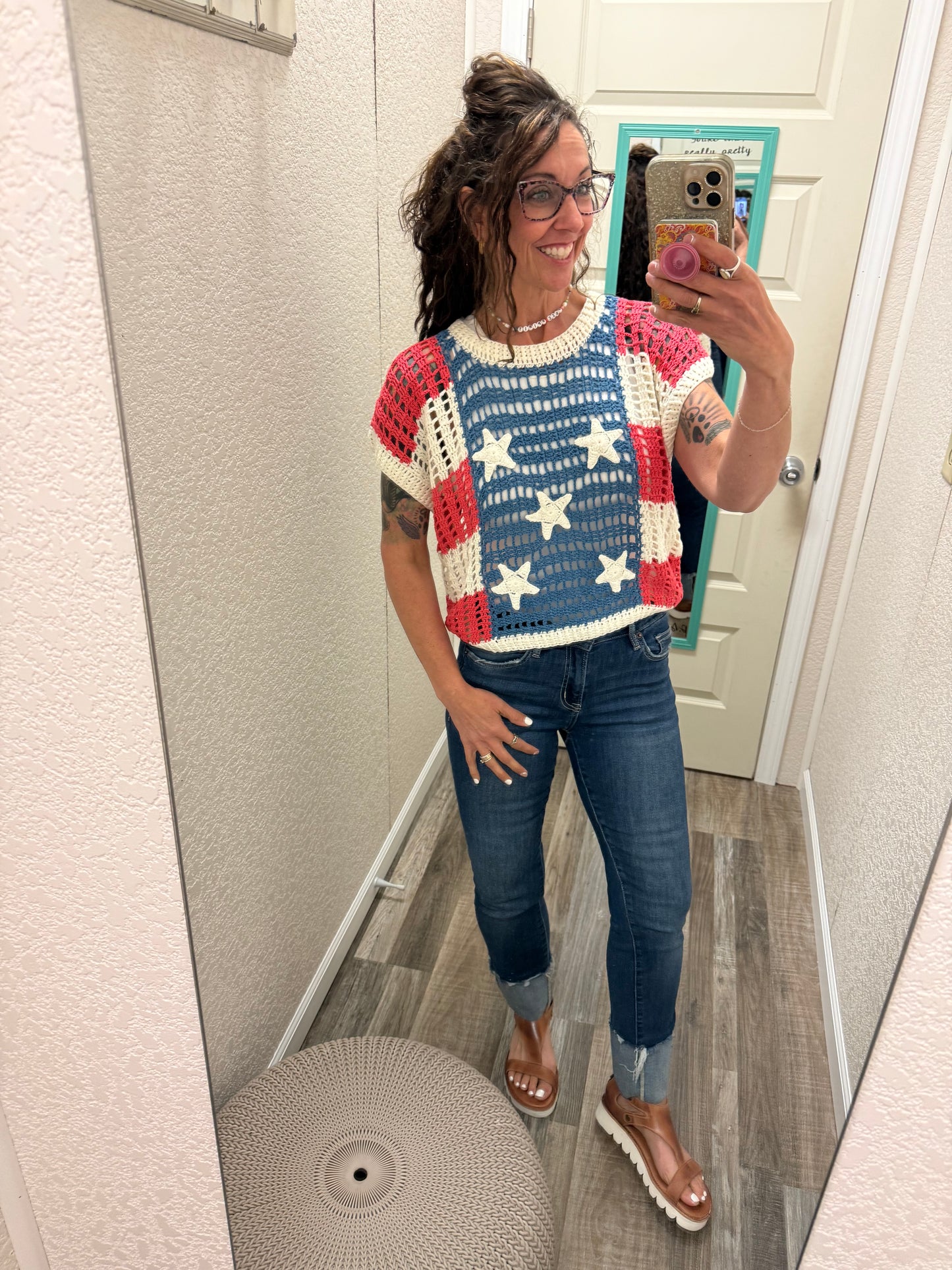 Starry Patches Open Knit Short Sleeve Top