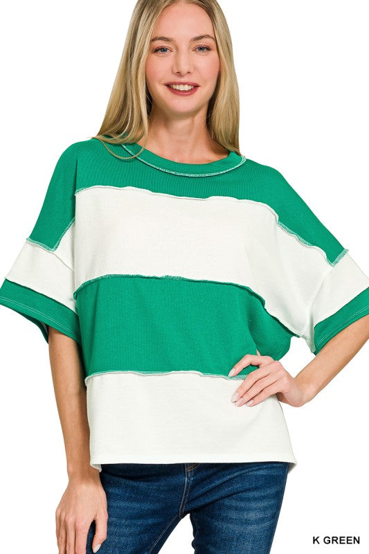 Terry Color Block Exposed Seam Short Sleeve Top