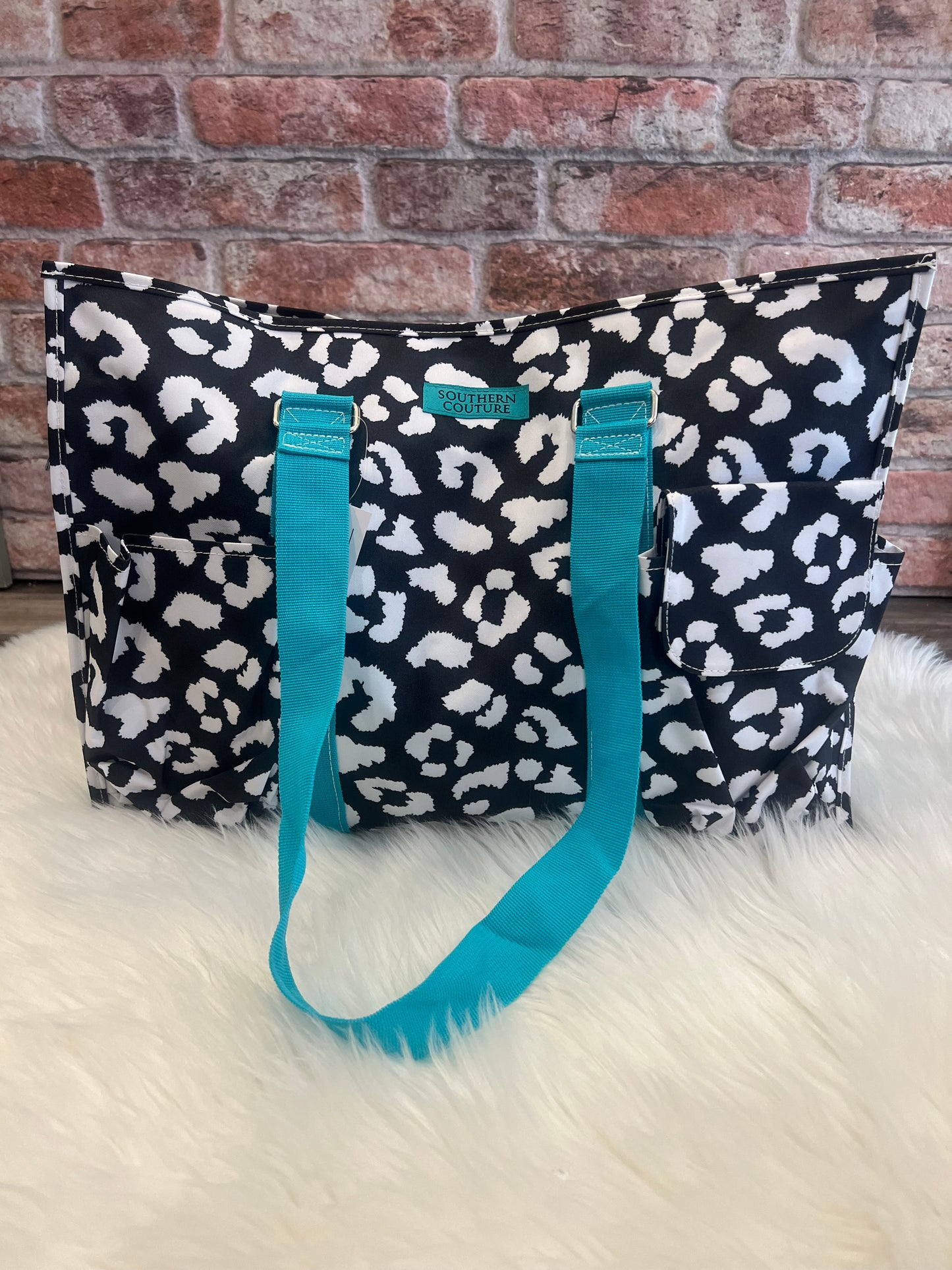 Pocket Tote Bag-Black/White Leopard