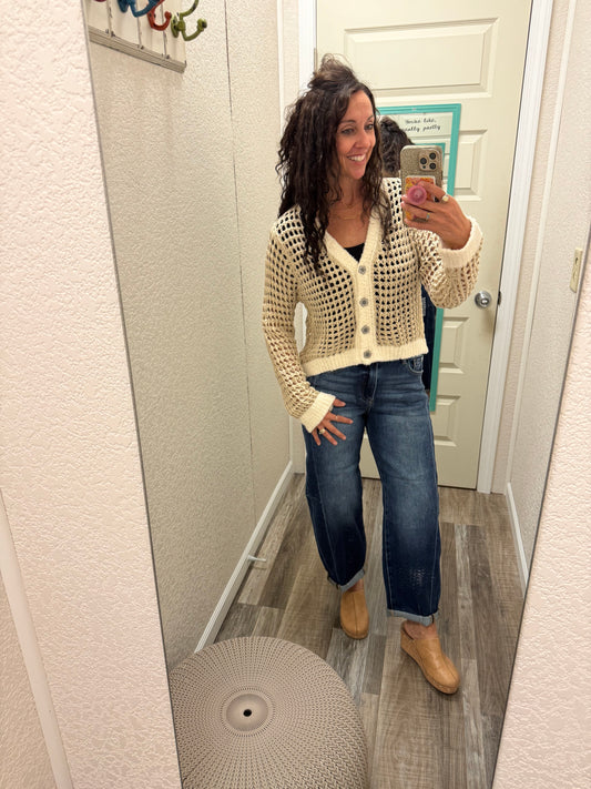 Love you A Latte - Open Knit V-neck Crochet Cardigan: