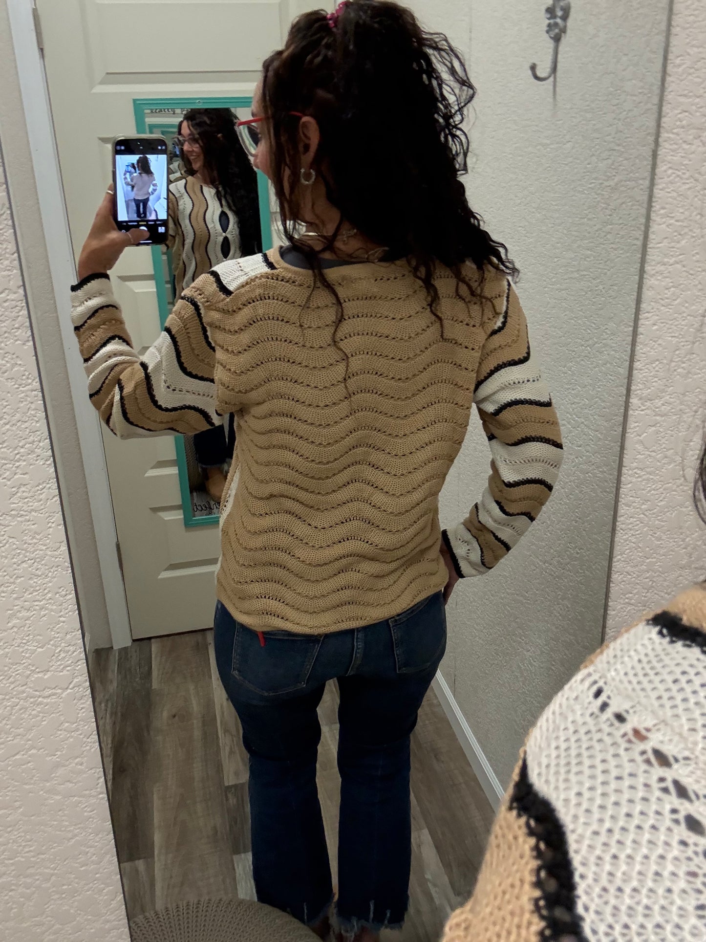 Wave On Pointelle Wavy Striped Knit Button Down Cardigan