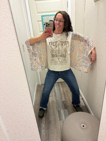 Free Spirit Rock & Roll Graphic Boho Sheer Kaftan Top: ANTIQUE WHITE