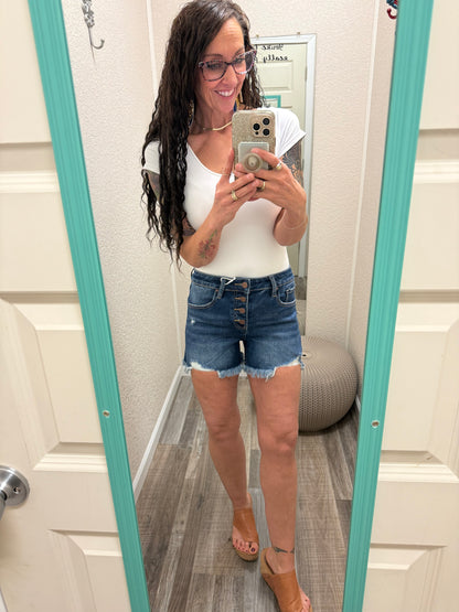 Carrie Risen Mid Rise Button Down Shorts Dark Wash