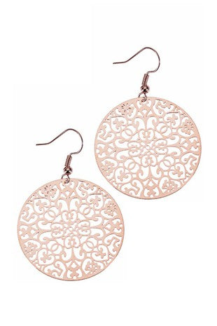 Round Rose gold medal filigree drop earrings