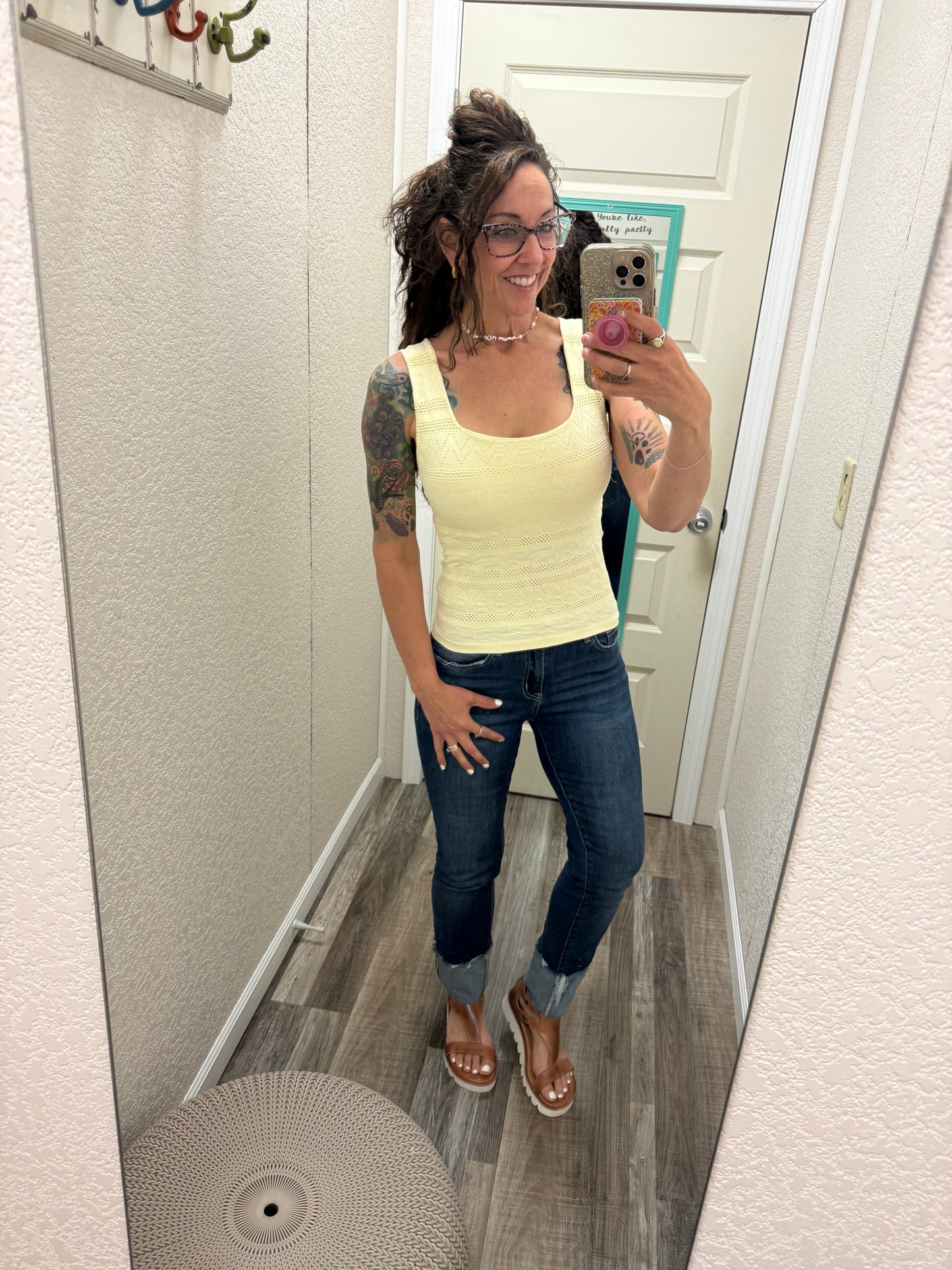 Trust Me Lace Textured Square Neck Tank Top With Built In Bra