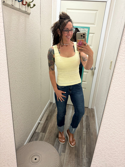 Trust Me Lace Textured Square Neck Tank Top With Built In Bra