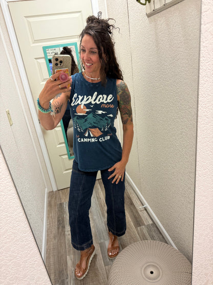 EXPLORE MORE CAMPING CLUB GRAPHIC TANK TOP: Mineral Navy