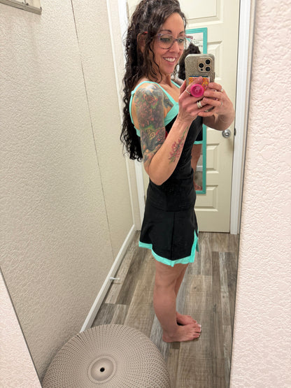 Hit The Pool Skirted Swimsuit- Black/Aqua