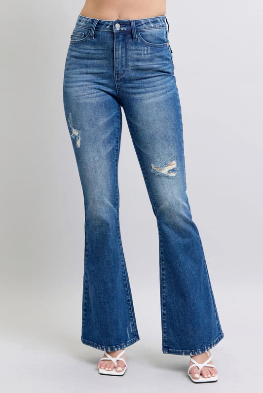 Janis - Judy Blue High Waist Contrast Wash Distressed Flare Jeans