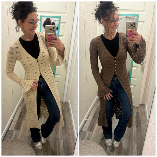 Aphrodite Greek Goddess Open Knit From Flared Long Cardigan