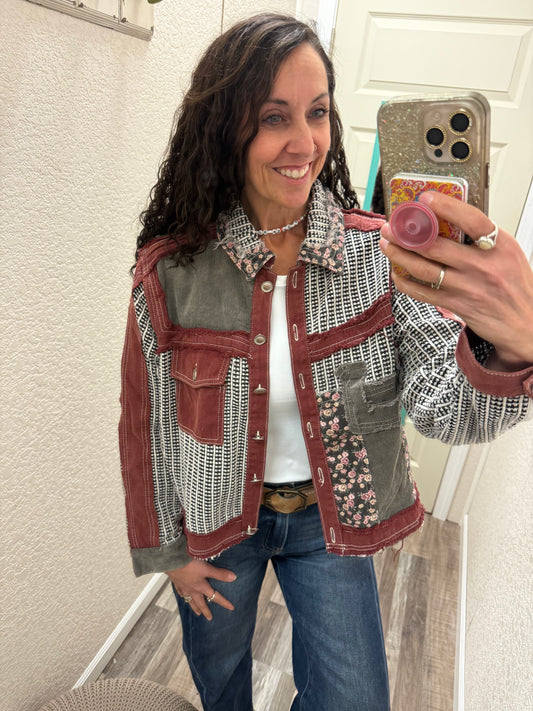 Wine Vintage Patchwork Floral Geometric Cropped Jacket