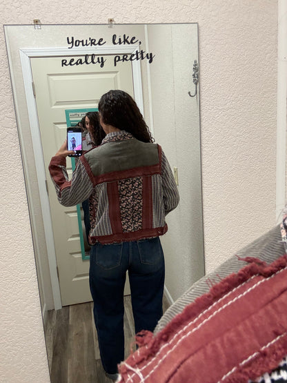 Wine Vintage Patchwork Floral Geometric Cropped Jacket