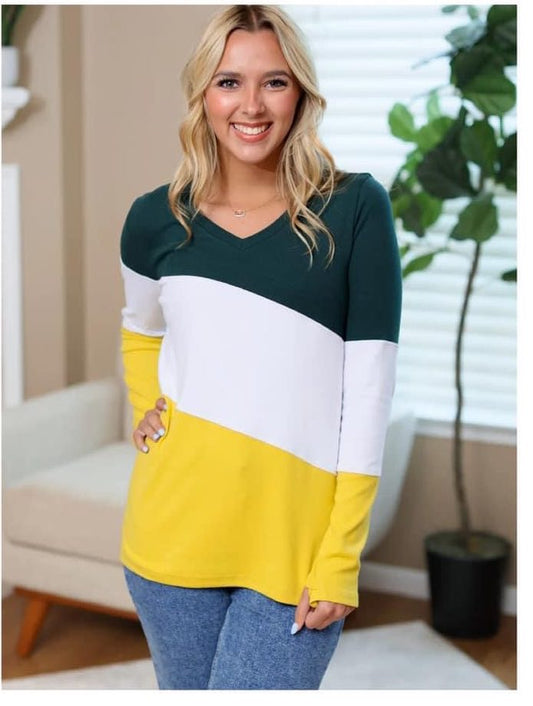 Game Day V-Neck Long Sleeve Top yellow/green/white