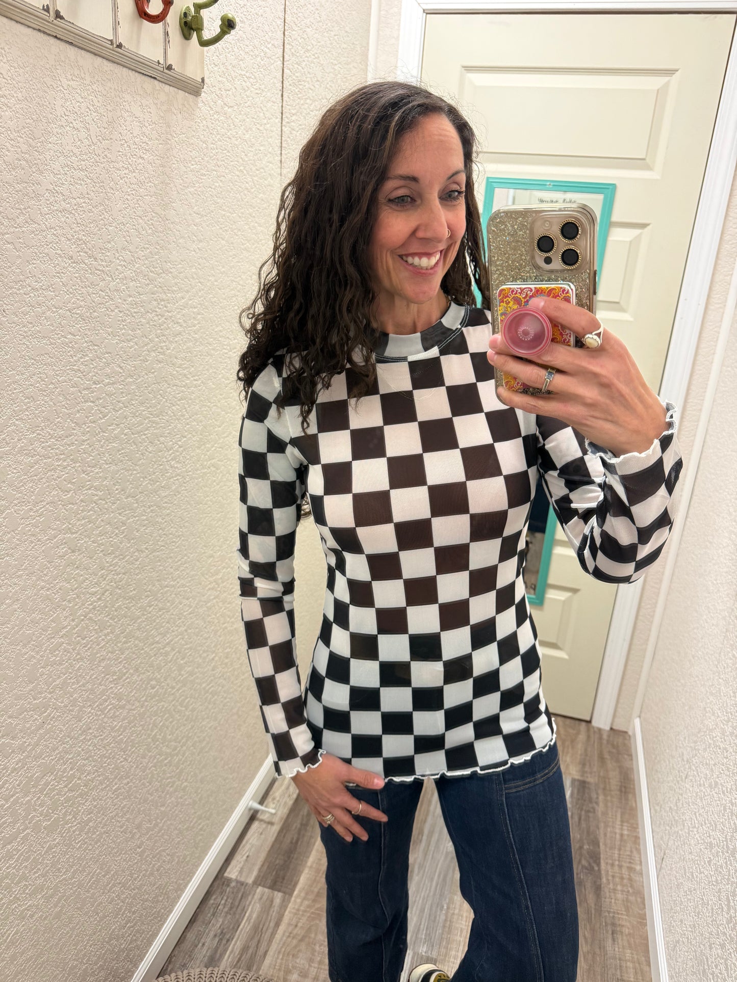 Checkers Blair Mesh Long Sleeve Top