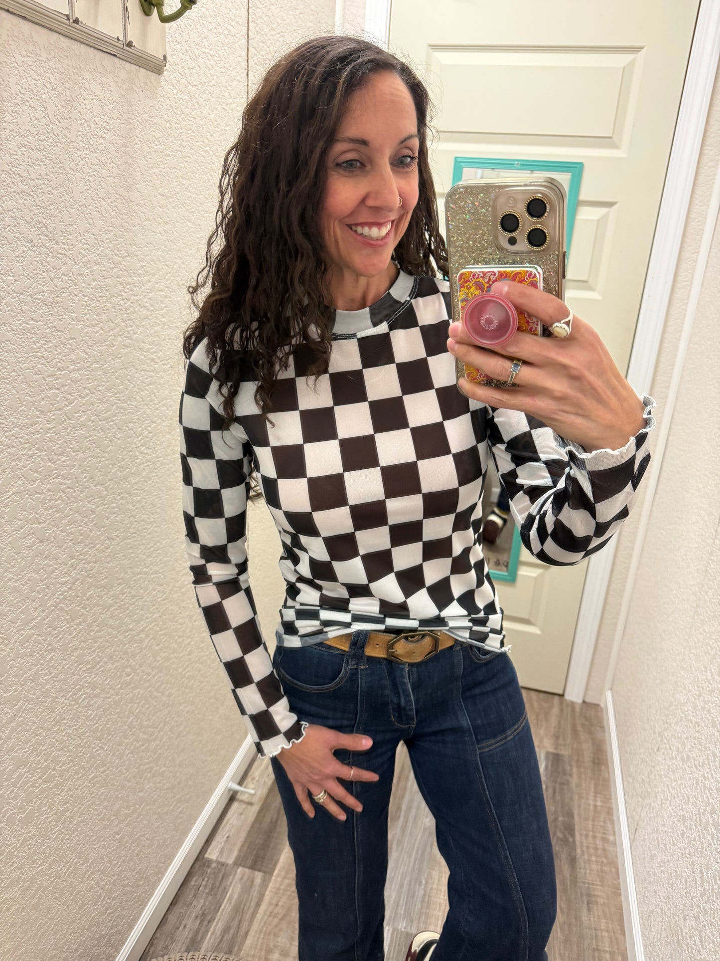 Checkers Blair Mesh Long Sleeve Top