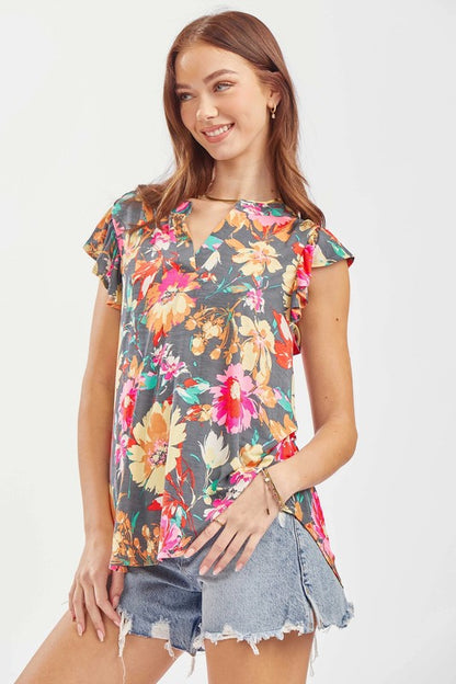 Lizzy - Grey Floral - Flutter Top