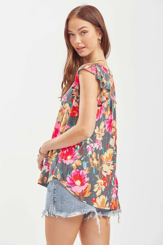 Lizzy - Grey Floral - Flutter Top