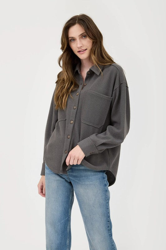 Cindy - Charcoal - Rib Knit Exposed Seam Button Up