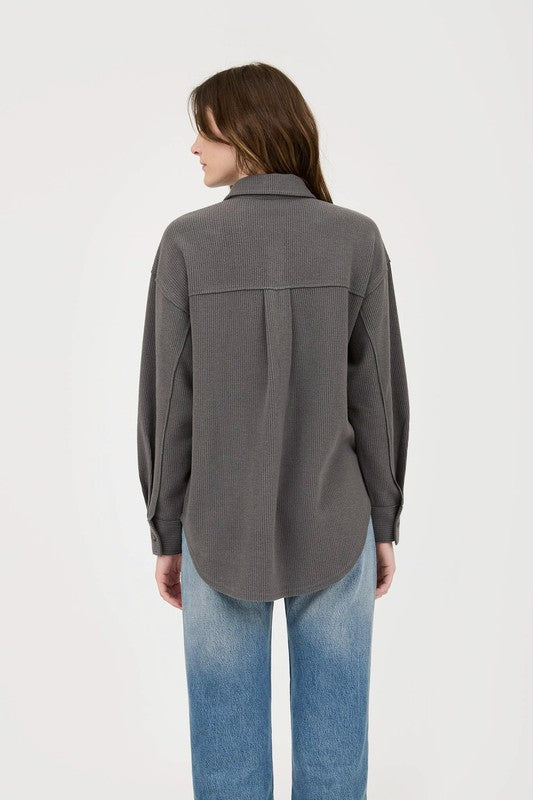 Cindy - Charcoal - Rib Knit Exposed Seam Button Up