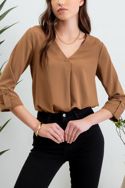 Francesca - Brown - 3/4 Tab Sleeve Blouse