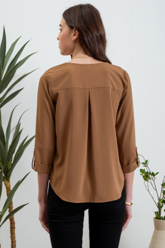 Francesca - Brown - 3/4 Tab Sleeve Blouse