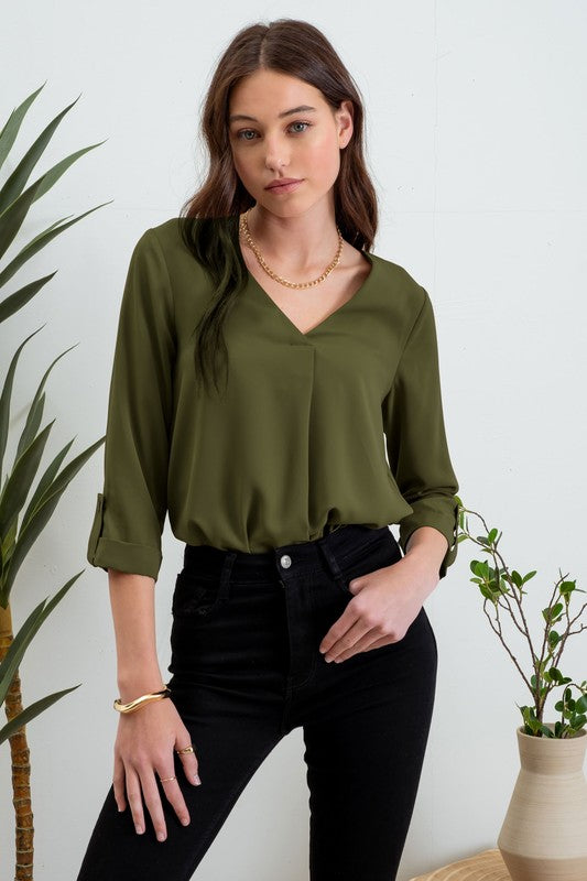 Francesca - Olive - 3/4 Tab Sleeve Blouse