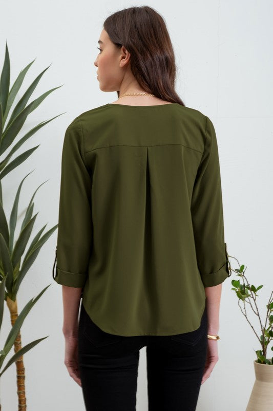 Francesca - Olive - 3/4 Tab Sleeve Blouse